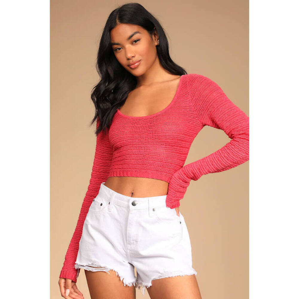Worn Once Lulus Right Place, Right Tie Coral Pink Tie-back Loose Knit Sweater